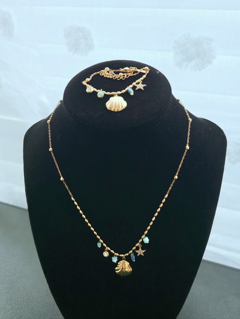 Gold Shell‎ & Star Bracelet & Necklace Set with Aqua Accents - NEW Women Jewelry